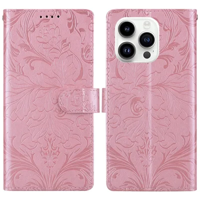 For iPhone 16 Pro Leather Case Imprinted Floral Pattern Wallet Stand Flip Phone Cover - Pink
