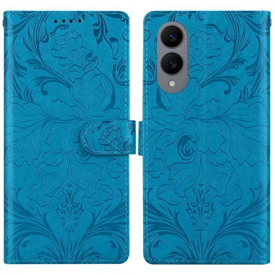 For Samsung Galaxy S25 Edge Leather Case Imprinted Floral Pattern Wallet Stand Flip Phone Cover - Blue