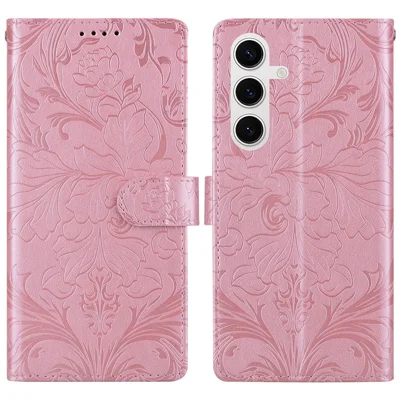 Voor Samsung Galaxy S25 Leren Hoesje met Elegante Bloemenpatroon Portemonnee Stand Flip Telefoonhoesje - Roze