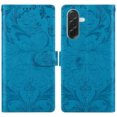 For Samsung Galaxy S24 FE Leather Case Imprinted Floral Pattern Wallet Stand Flip Phone Cover - Blue