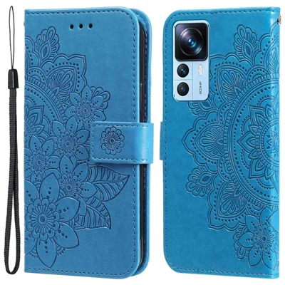 For Xiaomi 12T 5G / Redmi K50 Ultra 5G / 12T Pro 5G Case Floral Pattern PU Leather Wallet Stand Phone Cover - Blue
