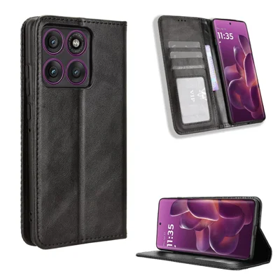 For Motorola Edge 60 Pro 5G Leather Case Wallet Stand Retro Texture Phone Cover - Black