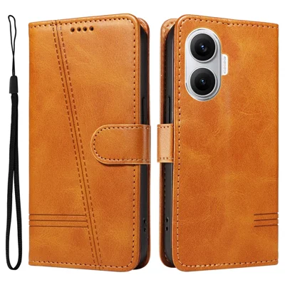 For Xiaomi Poco F7 5G / Xiaomi Redmi Turbo 4 Pro 5G Wallet Case T-Shape Lines Leather Phone Cover Stand - Brown