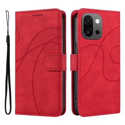 For OnePlus 13T 5G Wallet Case Leather Phone Cover Stand with Curved Line Design - Red