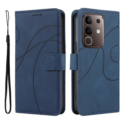 For vivo Y29 4G / vivo T4x 5G / vivo Y300t 5G Wallet Case Leather Phone Cover Stand with Curved Line Design - Blue