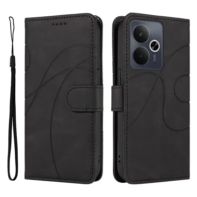 For Realme 14T 5G / Realme 14 5G Wallet Case Leather Phone Cover Stand with Curved Line Design -  Black