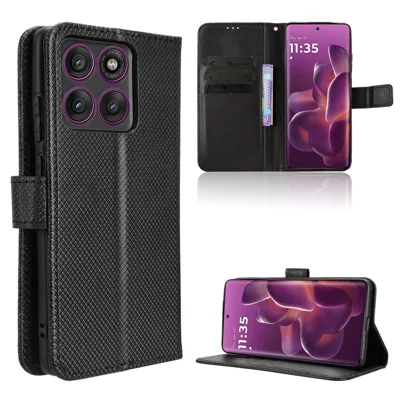 For Motorola Edge 60 Pro 5G Leather Wallet Case with Strap Diamond Texture Phone Cover - Black
