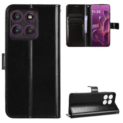 For Motorola Edge 60 Pro 5G PU Leather Case with Strap Crazy Horse Texture Phone Wallet Cover - Black