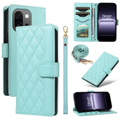 For OnePlus 13T 5G Wallet Case Rhombus Leather Phone Cover with Strap - Green