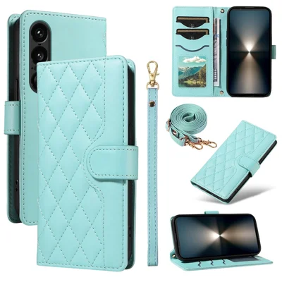 For Sony Xperia 1 VII Wallet Case Rhombus Leather Phone Cover with Strap - Green