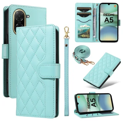 For Xiaomi Redmi A5 4G (171.7mm) / A7 4G (Global) / Poco C71 4G Wallet Case Rhombus Leather Phone Cover with Strap - Green