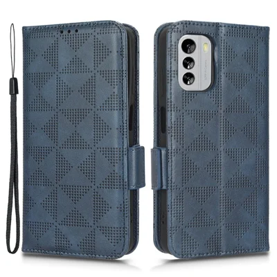 For Nokia G60 5G Imprinted Triangle Pattern PU Leather Stand Case Magnetic Closure Shockproof Phone Wallet Cover with Hand Strap - Blue