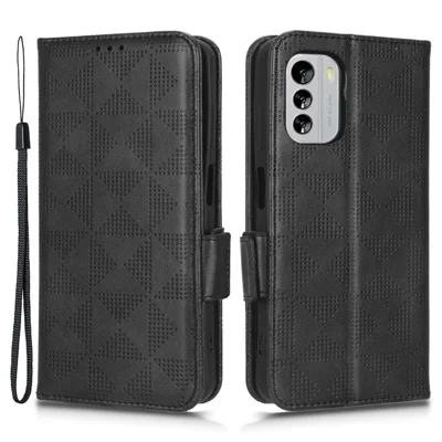 For Nokia G60 5G Imprinted Triangle Pattern PU Leather Stand Case Magnetic Closure Shockproof Phone Wallet Cover with Hand Strap - Black