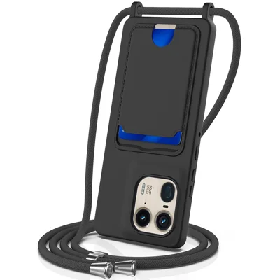 For Motorola Moto X50 Ultra 5G / Motorola Edge 50 Ultra 5G Case Liquid Silicone Card Holder Back Phone Cover with Lanyard - Black