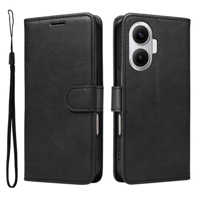 For Xiaomi Poco F7 5G / Xiaomi Redmi Turbo 4 Pro 5G Leather Wallet Case with Strap Solid Color Phone Stand Cover - Black