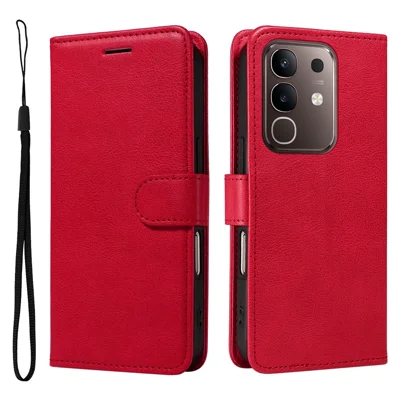 For vivo Y29 4G / vivo T4x 5G / vivo Y300t 5G Leather Wallet Case with Strap Solid Color Phone Stand Cover - Red
