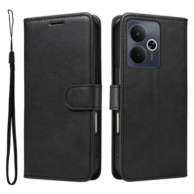For Realme 14 5G / Realme 14T 5G Leather Wallet Case with Strap Solid Color Phone Stand Cover - Black
