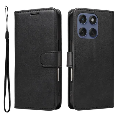 For Motorola Edge 60 5G / Motorola Edge 60 Pro 5G / Motorola Edge (2025) 5G / Motorola Edge 60 Fusion 5G Leather Wallet Case with Strap Solid Color Phone Stand Cover - Black