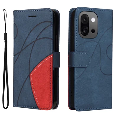 For OnePlus 13T 5G Leather Phone Case Stand Wallet with Bi-colour Splicing Design - Blue