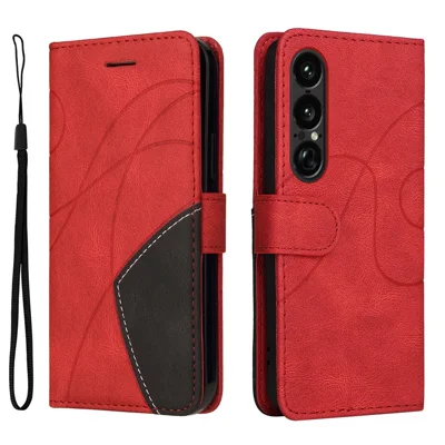 Etui skórzane z funkcją podpórki i portfelem do Sony Xperia 1 VII z dwukolorowym szyciem - Czerwony