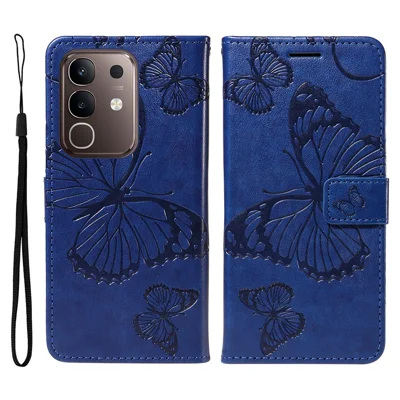 For vivo Y29 4G / vivo T4x 5G / vivo Y300t 5G Wallet Case Floral Butterfly Imprinted Leather Phone Cover Stand - Blue