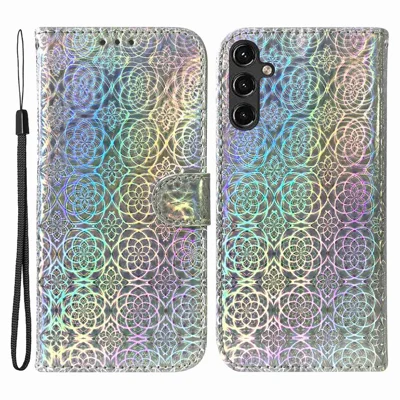 For Samsung Galaxy A14 5G / A14 4G Dazzling Flower Pattern Stand Wallet Case PU Leather Full Protection Phone Cover with Strap - Grey
