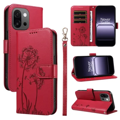 For OnePlus 13T 5G Leather Wallet Case with Strap Dandelion Imprint Phone Stand Cover - Red