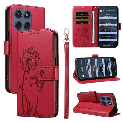 For Motorola Edge 60 5G / Motorola Edge 60 Pro 5G / Motorola Edge (2025) 5G / Motorola Edge 60 Fusion 5G Leather Wallet Case with Strap Dandelion Imprint Phone Stand Cover - Red