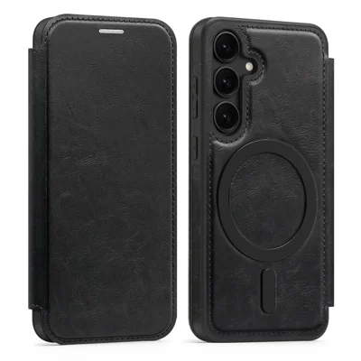 For Samsung Galaxy S24 Magnetic Case RFID Blocking Card Holder Leather Phone Cover - Black