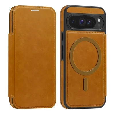 For Google Pixel 9 Pro Magnetic Case RFID Blocking Card Holder Leather Phone Cover - Brown