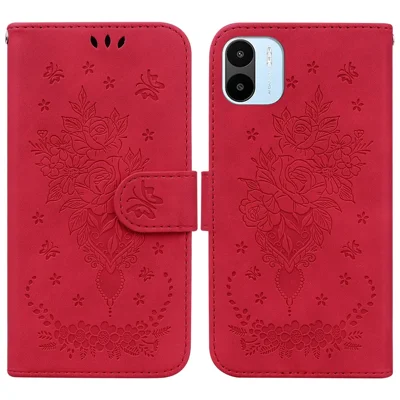 Чехол из искусственной кожи с розами и бабочками для Xiaomi Redmi A1 4G / A2 4G, с подставкой, магнитный, с кошельком и ремешком - красный