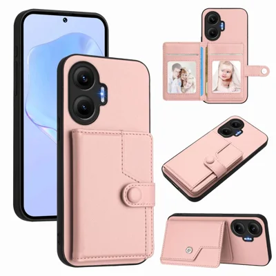 For Xiaomi Poco F7 5G / Redmi Turbo 4 Pro 5G Case RFID Blocking Card Holder Kickstand TPU + PU Leather Phone Back Cover - Rose Gold