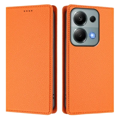 For Xiaomi Poco M6 Pro 4G / Xiaomi Redmi Note 13 Pro 4G Wallet Case RFID Blocking Litchi Texture Leather Mobile Cover - Orange