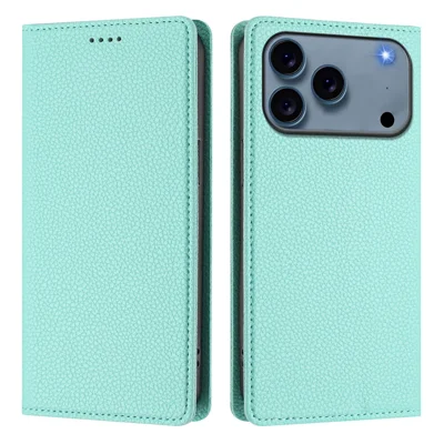 For iPhone 18 Pro Max / 17 Pro Max Wallet Case RFID Blocking Litchi Texture Leather Mobile Cover - Mint Green