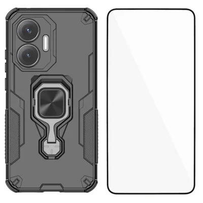 WANLONFENG For Xiaomi Poco F7 5G / Redmi Turbo 4 Pro 5G Phone Case  PC TPU Back Cover Kickstand with Tempered Glass - Black
