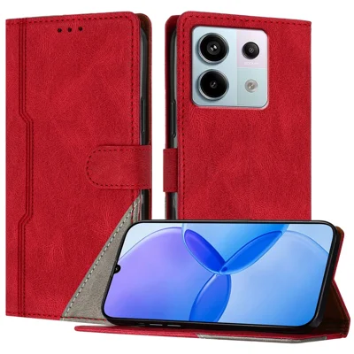 For Xiaomi Redmi Note 13 Pro 5G Leather Case Triangle Patchwork Wallet Stand Shockproof Phone Cover - Red