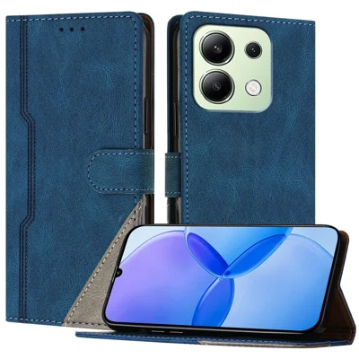 For Xiaomi Redmi Note 13 4G Leather Case Triangle Patchwork Wallet Stand Shockproof Phone Cover - Blue