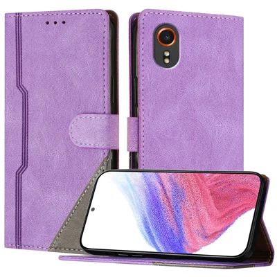 For Samsung Galaxy Xcover7 Leather Case Triangle Patchwork Wallet Stand Shockproof Phone Cover - Purple