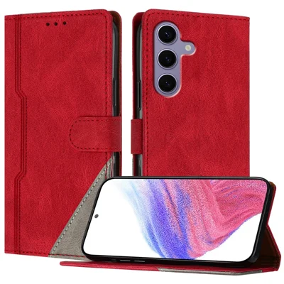For Samsung Galaxy S24 FE Leather Case Triangle Patchwork Wallet Stand Shockproof Phone Cover - Red