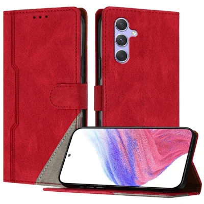 For Samsung Galaxy A54 5G Leather Case Triangle Patchwork Wallet Stand Shockproof Phone Cover - Red