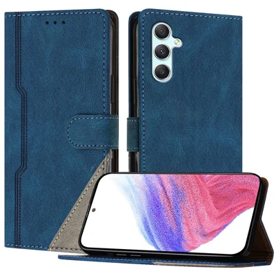 For Samsung Galaxy A34 5G Leather Case Triangle Patchwork Wallet Stand Shockproof Phone Cover - Blue