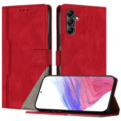 For Samsung Galaxy A15 4G Leather Case Triangle Patchwork Wallet Stand Shockproof Phone Cover - Red