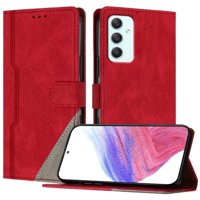 For Samsung Galaxy A35 5G Leather Case Triangle Patchwork Wallet Stand Shockproof Phone Cover - Red