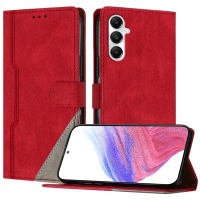 For Samsung Galaxy A05s 4G Leather Case Triangle Patchwork Wallet Stand Shockproof Phone Cover - Red