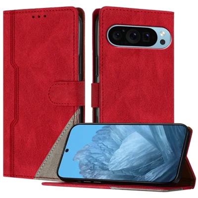 For Google Pixel 9 Leather Case Triangle Patchwork Wallet Stand Shockproof Phone Cover - Red