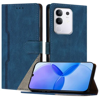 For vivo Y29 4G Leather Case Triangle Patchwork Wallet Stand Shockproof Phone Cover - Blue
