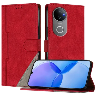 For vivo V50 5G Leather Case Triangle Patchwork Wallet Stand Shockproof Phone Cover - Red