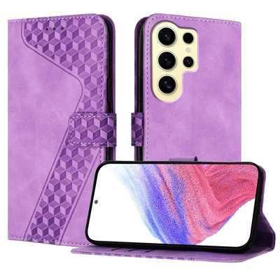 For Samsung Galaxy S24 Ultra Leather Case 7-Shaped Pattern Wallet Stand Shockproof Phone Cover - Purple