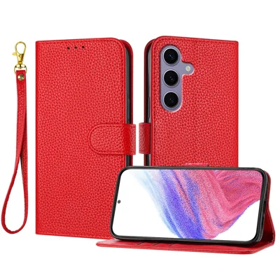 For Samsung Galaxy S24 FE Leather Case Litchi Texture Wallet Stand Anti Drop Phone Cover with Wrist Strap - Red