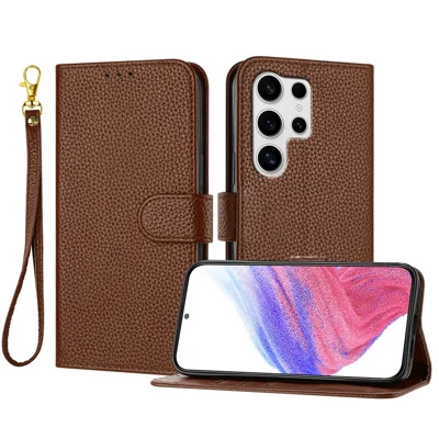 Voor Samsung Galaxy S25 Ultra Leren Hoesje Met Litsjihuidstructuur Portemonnee Stand Anti-val Hoesje met Polsbandje - Bruin